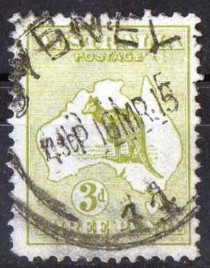 Australia 1913 3d Olive Kangaroo 1st Watermark (Wmk 8) Used - Actual Stamp Sydney Double Strike - SG5 - Used Stamps