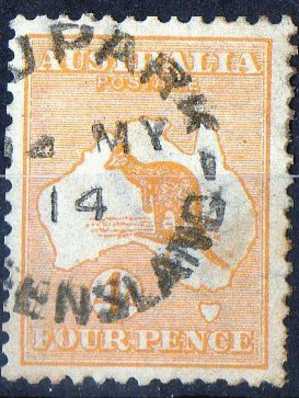 Australia 1913 4d Orange Kangaroo 1st Watermark (Wmk 8) Used - Actual Stamp - Queensland Cancel - SG6 - Used Stamps