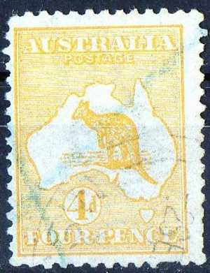 Australia 1913 4d Orange-yellow Kangaroo 1st Watermark (Wmk 8) Used  - Pulled Perf At Base - SG6a - Usati