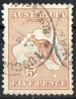 Australia 1913 5d Brown - Chestnut Kangaroo 1st Watermark (Wmk 8) Used  - Double Cancel SG8 - Usati