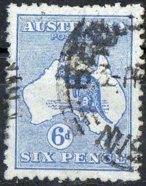 Australia 1913 6d Blue - Ultramarine Kangaroo 1st Watermark (Wmk 8) Used - Heavy Cancel - SG9 - Used Stamps