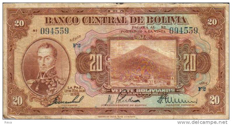 BOLIVIA  20 BOLIVIANOS BROWN MAN HEAD CHURCH FRONT & MOTIF BACK  2ND TYPE DATED 20-07-1928  P.? AF READ DESCRIPTION !! - Bolivien