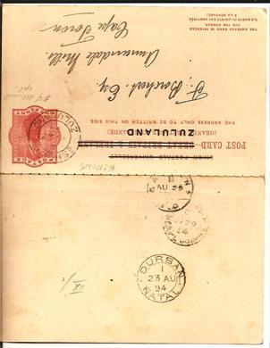 Zululand001/ Doppel-GA (Stationery) Asher No. 4 Eshowe 1894 (Cape Town) - Zoulouland (1888-1902)