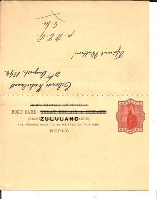 Zululand001/ Doppel-GA (Stationery) Asher No. 4 Eshowe 1894 (Cape Town) - Zululand (1888-1902)