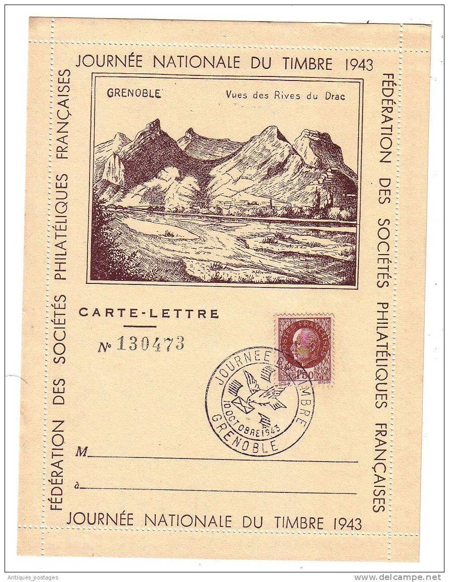 Carte Lettre Numérotée  JOURNEE DU TIMBRE 1943 Grenoble Isère Pétain 1F50 Templier - 1941-42 Pétain