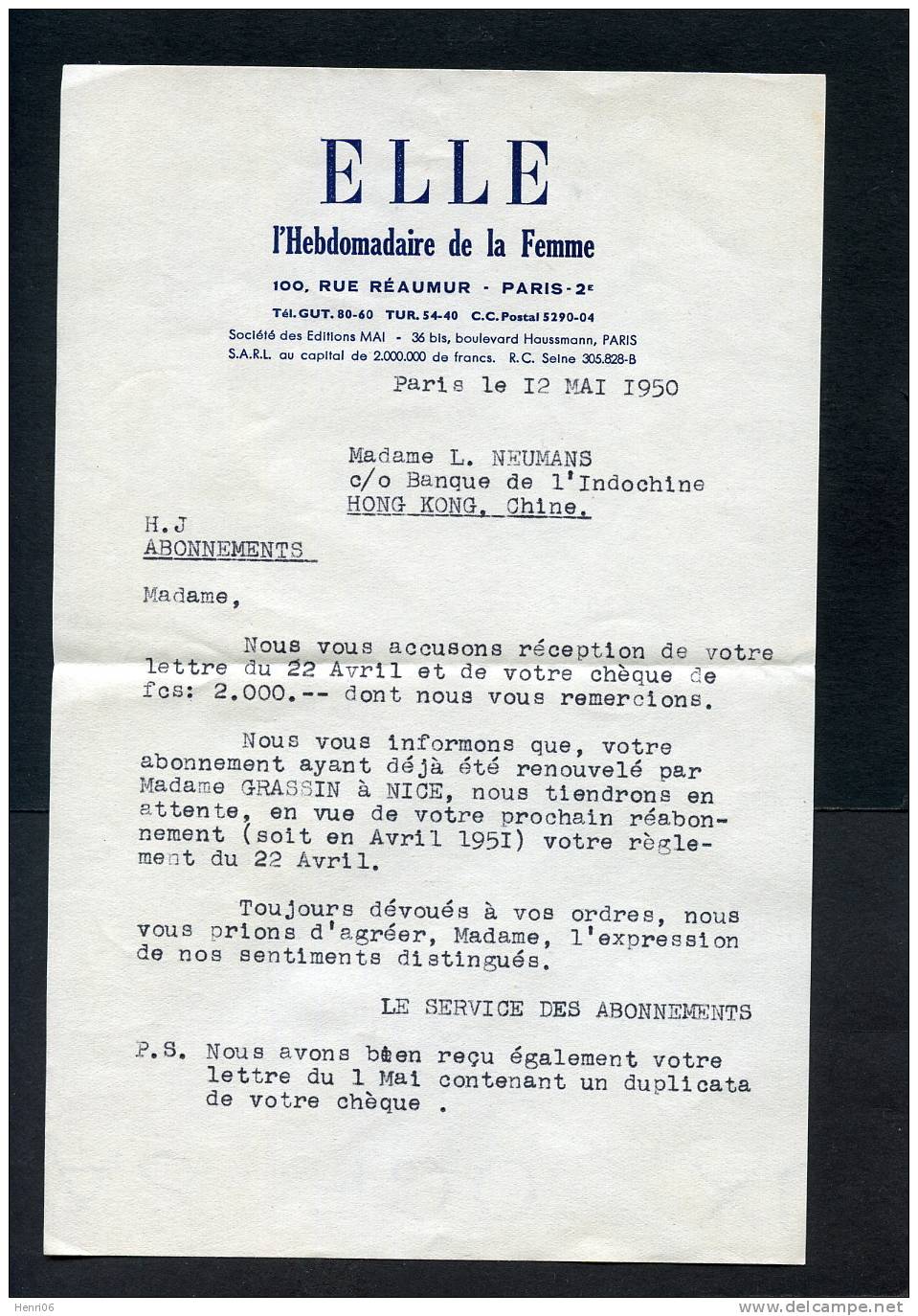 =*= 842x3 Sur Lettre Abonnement "ELLE" Paris>>>>Honk Kong Chine Par Avion 1950 =*= - Cartas & Documentos