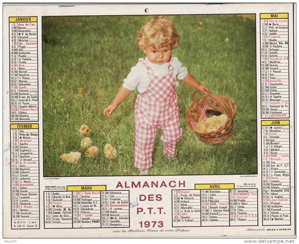 Almanach Poste 1973 - Enfant - Oiseau - Grand Format : 1971-80