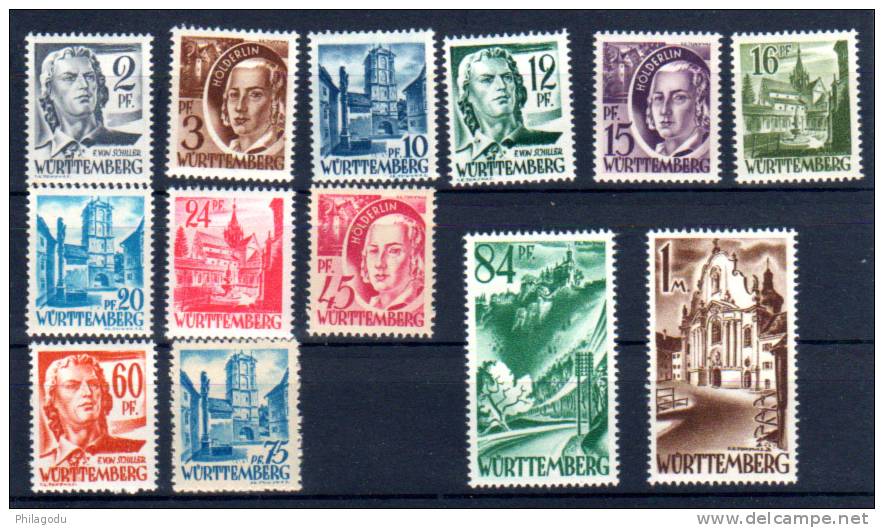 Wurtemberg 1947-48, Occ Fran, Schiller, Holderlin, Wangen, Liechtenstein, Zwiefalten, 1 / 13** - Autres & Non Classés