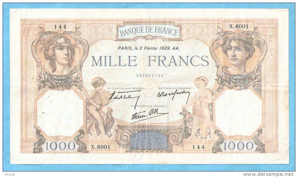 Billet 1000 Francs Cérès Et Mercure -2 Février 1939 N° X6001 144  - 2 Scans - 1 000 F 1927-1940 ''Cérès Et Mercure''