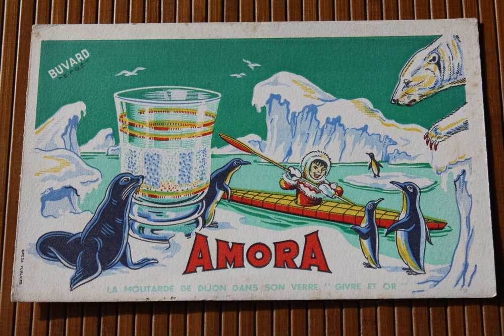 BUVARD PUBLICITAIRE MOUTARDE DE DIJON  AMORA  DANS SON VERRE " GIVRE  ET OR "ESQUIMAUX PINGOINS PHOQUE OURS CANOE - Moutardes