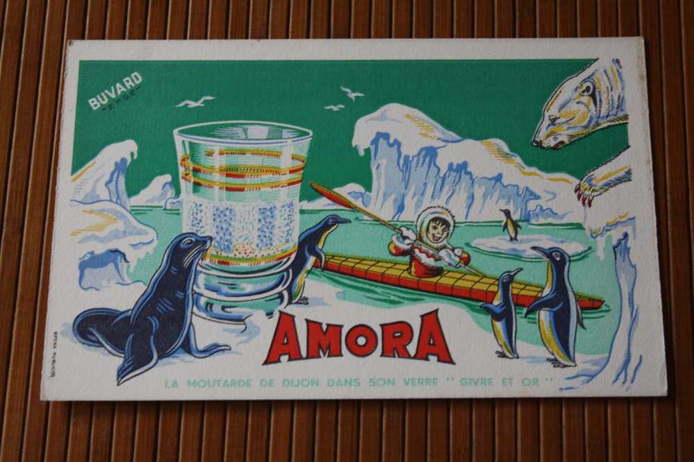 BUVARD PUBLICITAIRE MOUTARDE DE DIJON  AMORA  DANS SON VERRE " GIVRE  ET OR "ESQUIMAUX PINGOINS PHOQUE OURS CANOE - Senf