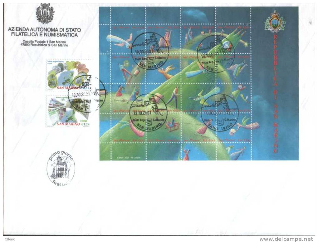 San Marino 2001 Busta FDC Viaggiata Christmas + Welcome Euro (Natale + Emissione Benvenuto Euro)  VFU - Gebraucht