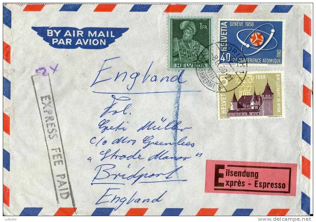 Express Luftpost Brief  Zürich - Bridport  (doppeltes Gewicht)     1958 - Storia Postale
