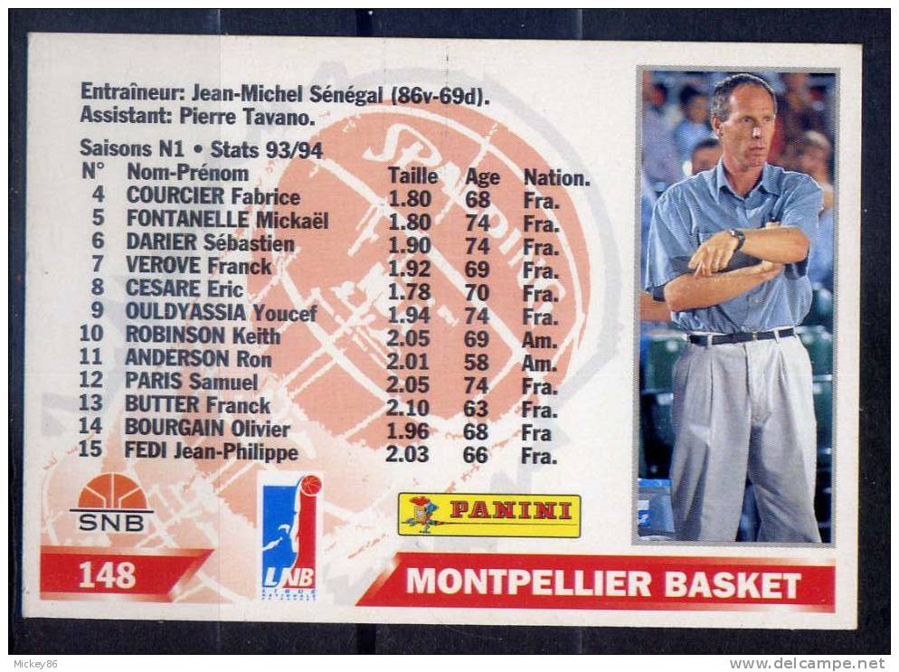 Carte De Collection--Basket ---FRANCE--PANINI--1995-- Equipe De MONTPELLIER  Masculine-  N° 148 --- - Edition Française