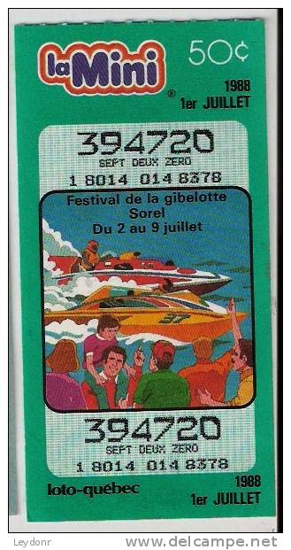 Loto-Quebec, Canada, Spead Boats - Festival De La Gibelotte Sorel, La Mini, Lottery Ticket - 1988 - Lotterielose