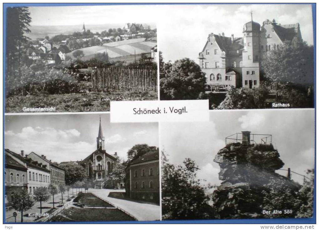 Schöneck,Schöneck Im Vogtland,4-Bild-Karte,1961,Gesamtansicht,Rathaus,Kirchplatz,Der Alte Söll, - Vogtland