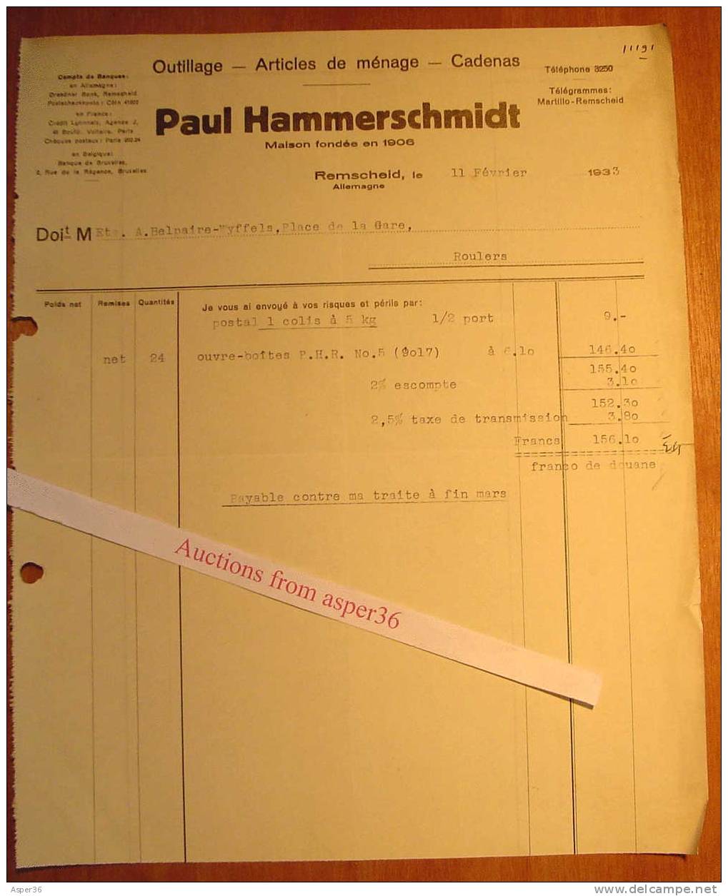 Outillage, Paul Hammerschmidt, Remscheid 1933 - Andere & Zonder Classificatie
