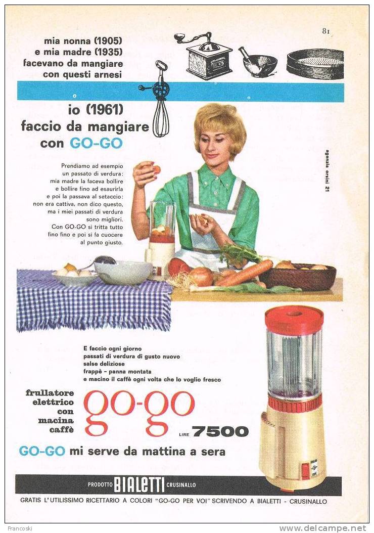 Pubblicità "BIALETTI CRUSINALLO "FRULLATORE GO-GO" 1960'-Page Magazine Advert- - Sonstige & Ohne Zuordnung