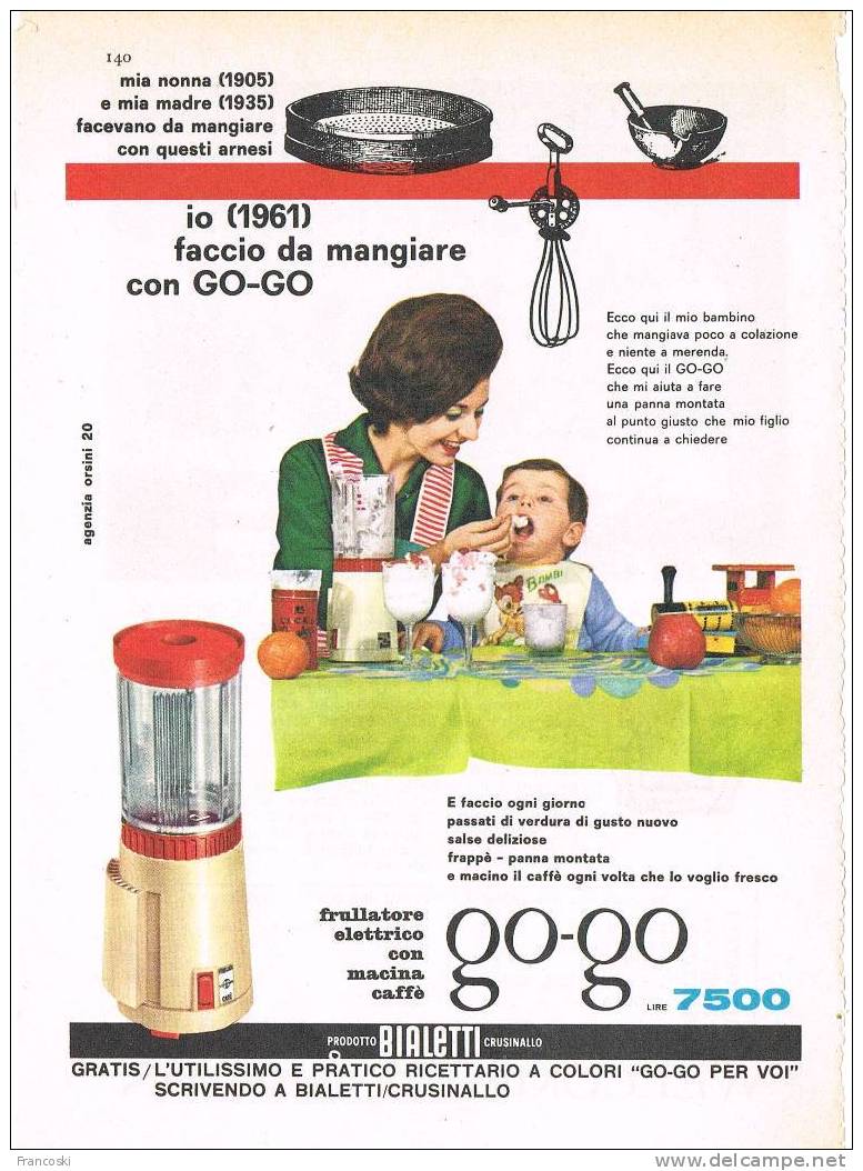 Pubblicità "BIALETTI CRUSINALLO "FRULLATORE GO-GO" 1960'-Page Magazine Advert- - Sonstige & Ohne Zuordnung