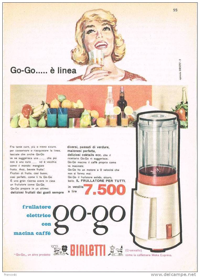 Pubblicità "BIALETTI CRUSINALLO "FRULLATORE GO-GO" 1960'-Page Magazine Advert- - Sonstige & Ohne Zuordnung