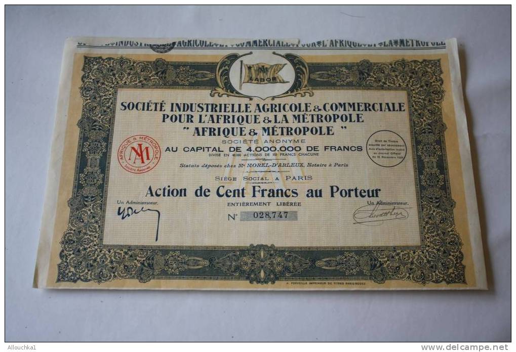 1929 - SCRIPOPHILIE: ACTION-TITRE-BONS PERIMES: LABOR -STE COMMERCIALE AGRICOLE ET INDUSTRIELLE AFRIQUE ET METROPOLE - Industrie