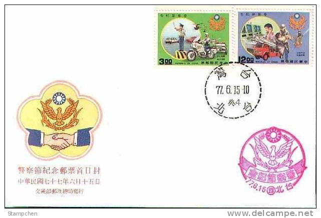 FDC 1988 Police Day Stamps Motorbike Motorcycle Fire Engine Pumper Helicopter Cruise Car - Motorbikes