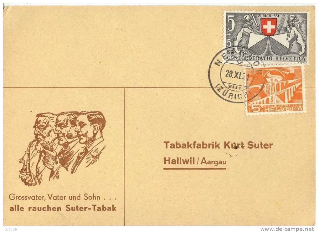 Motiv Karte  Neerach (Zürich) - "Suter, Tabakfabrik, Hallwil"  (Mischfrankatur)      1951 - Covers & Documents