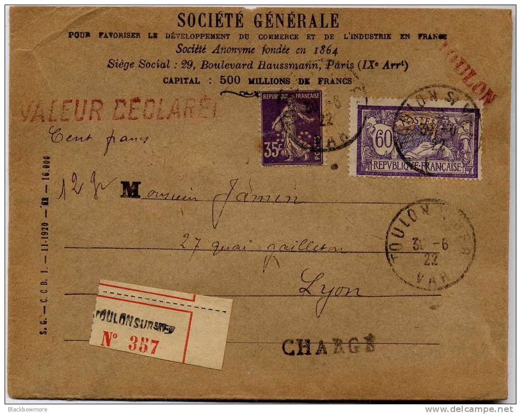 MERSON + SEMEUSE PERFORES S G - SOCIETE GENERALE - VALEUR DECLAREE TOULON 1922 - Autres & Non Classés