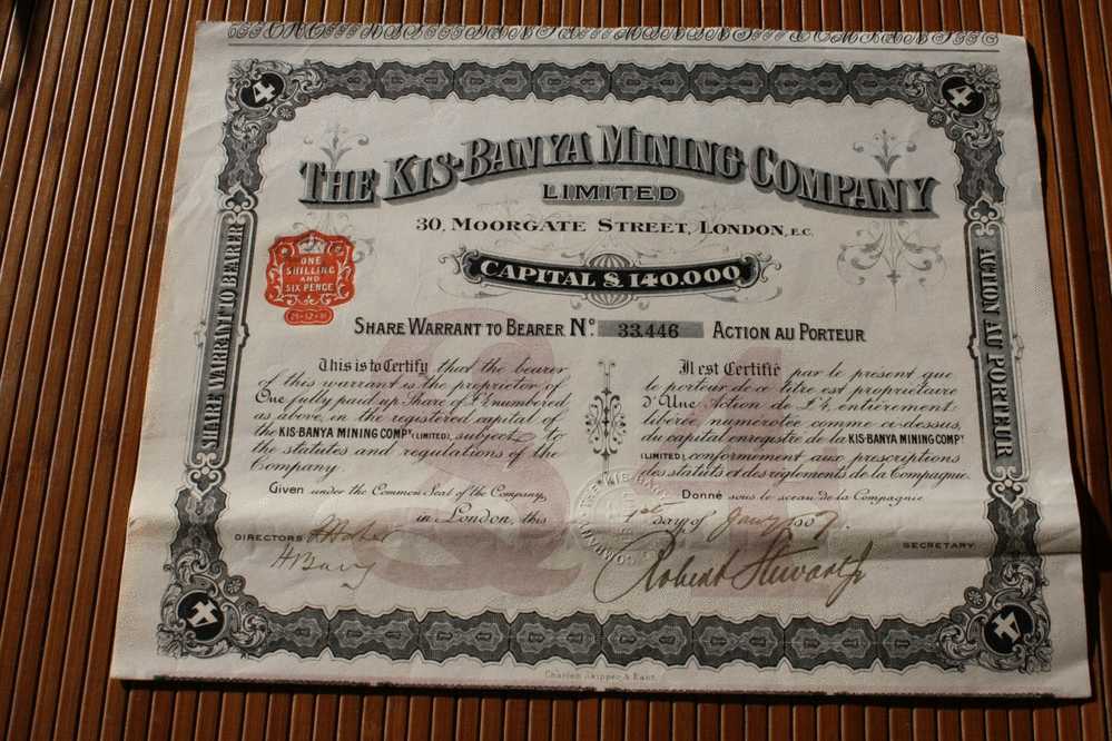 THE KIS- BANYA MINING COMPAGNIE MINES & MINERAIS  ACTION  TITRE  LONDON GREAT BRITAIN  => SCRIPOPHILIE - Mines