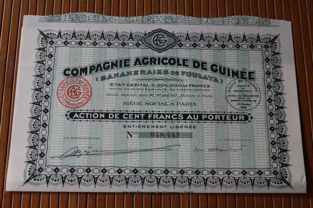 COMPAGNIE AGRICOLE DE GUINEE  SIEGE A PARIS FRANCE   ACTION  TITRE   => SCRIPOPHILIE BANANERAIES DE FOULAYA - Landwirtschaft