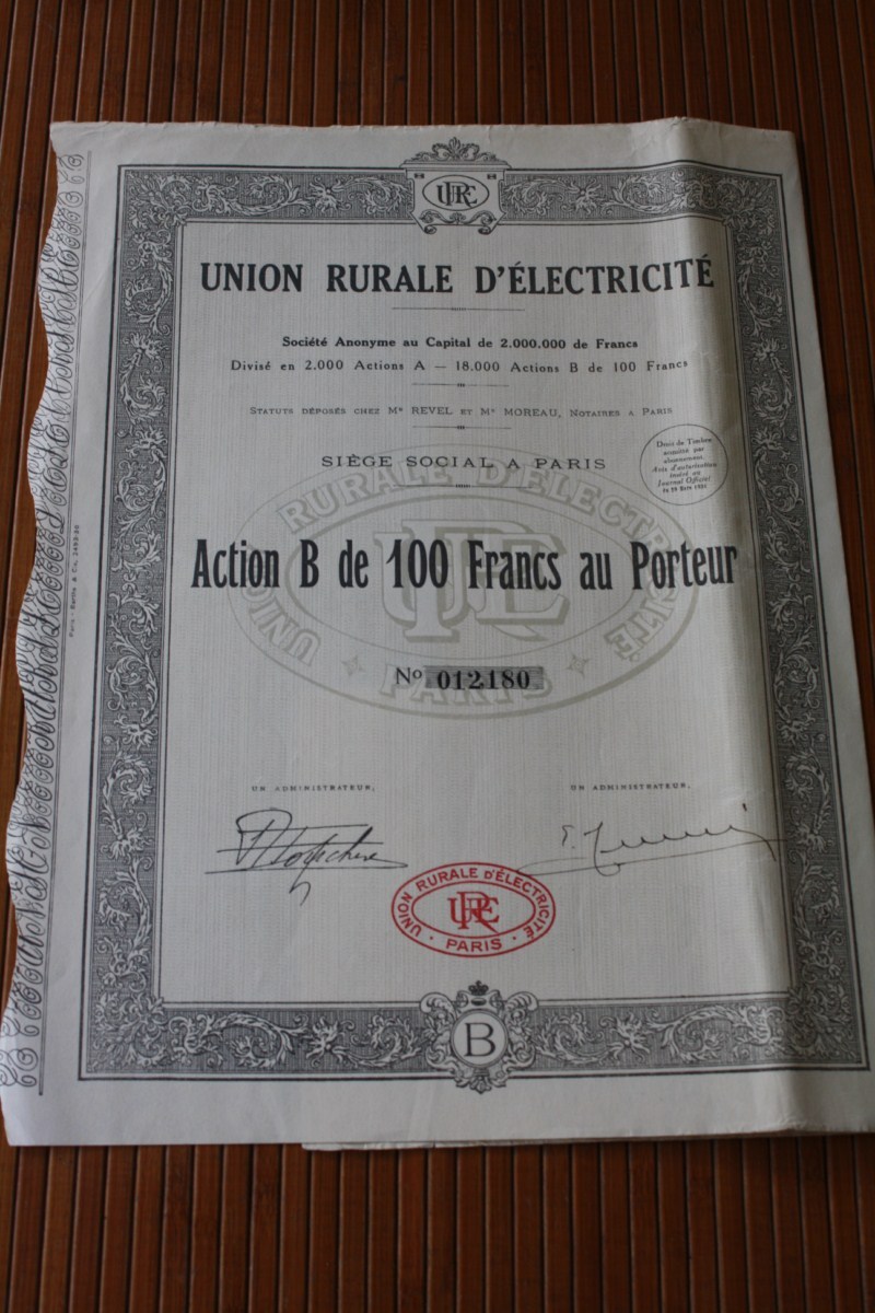 UNION RURALE D'ELECTRICITé  SIEGE A PARIS FRANCE 1936    ACTION  TITRE   => SCRIPOPHILIE - Electricité & Gaz