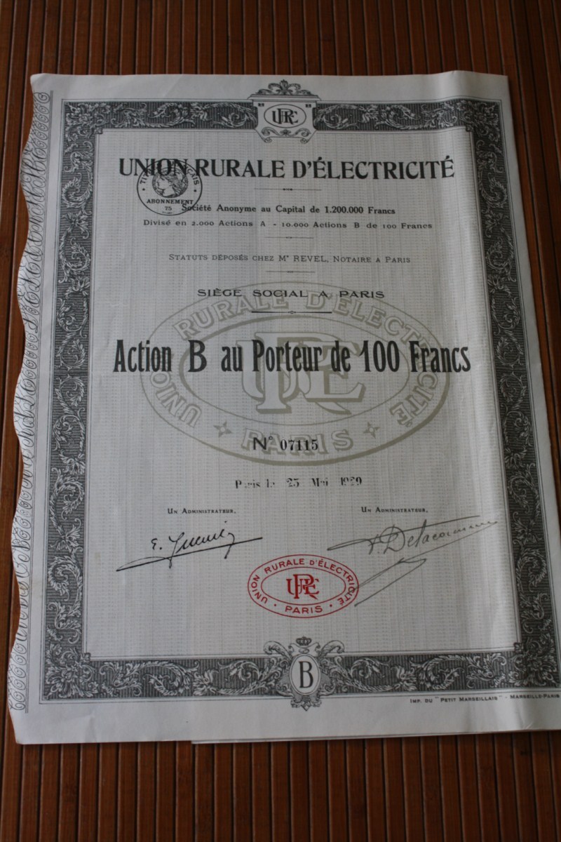 UNION RURALE D'ELECTRICITé  SIEGE A PARIS FRANCE 1936    ACTION  TITRE   => SCRIPOPHILIE - Elettricità & Gas