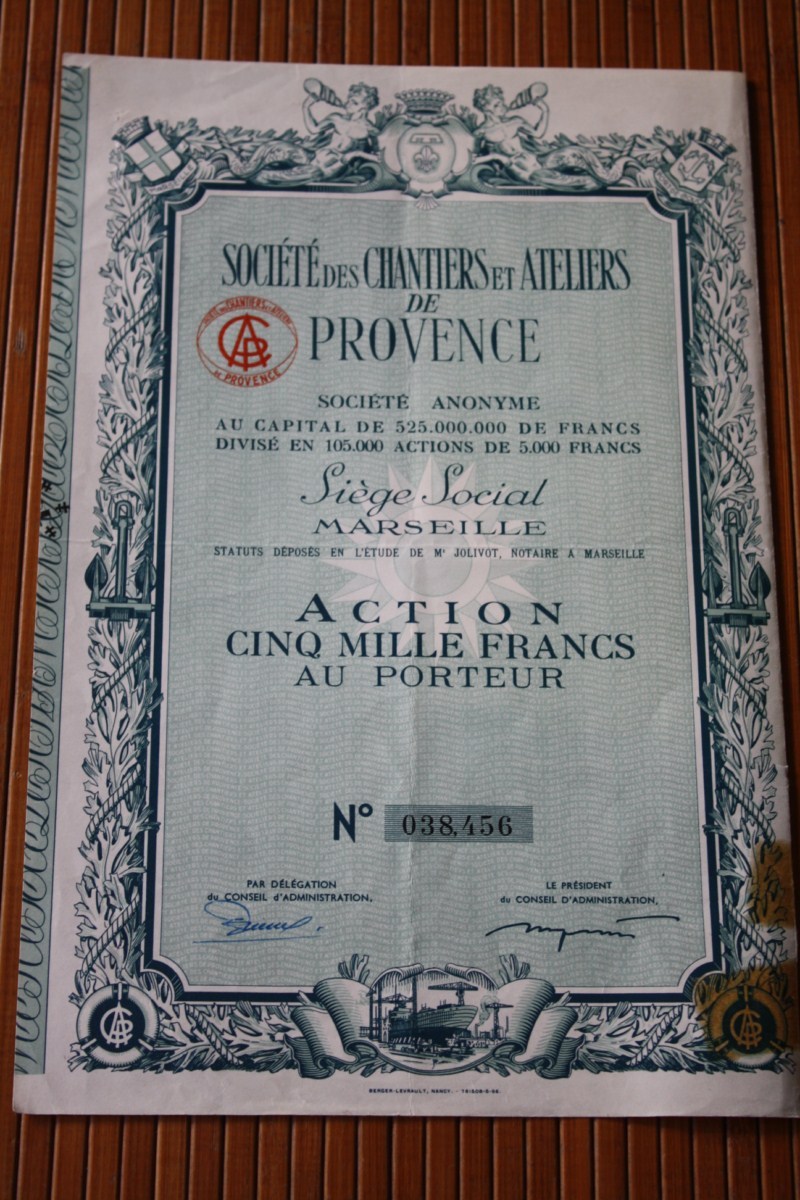 SOCIETE DES CHANTIERS ET ATELIERS DE PROVENCE  5000 FRANCS  SIEGE A MARSEILLE   FRANCE  ACTION  TITRE => SCRIPOPHILIE - Navy