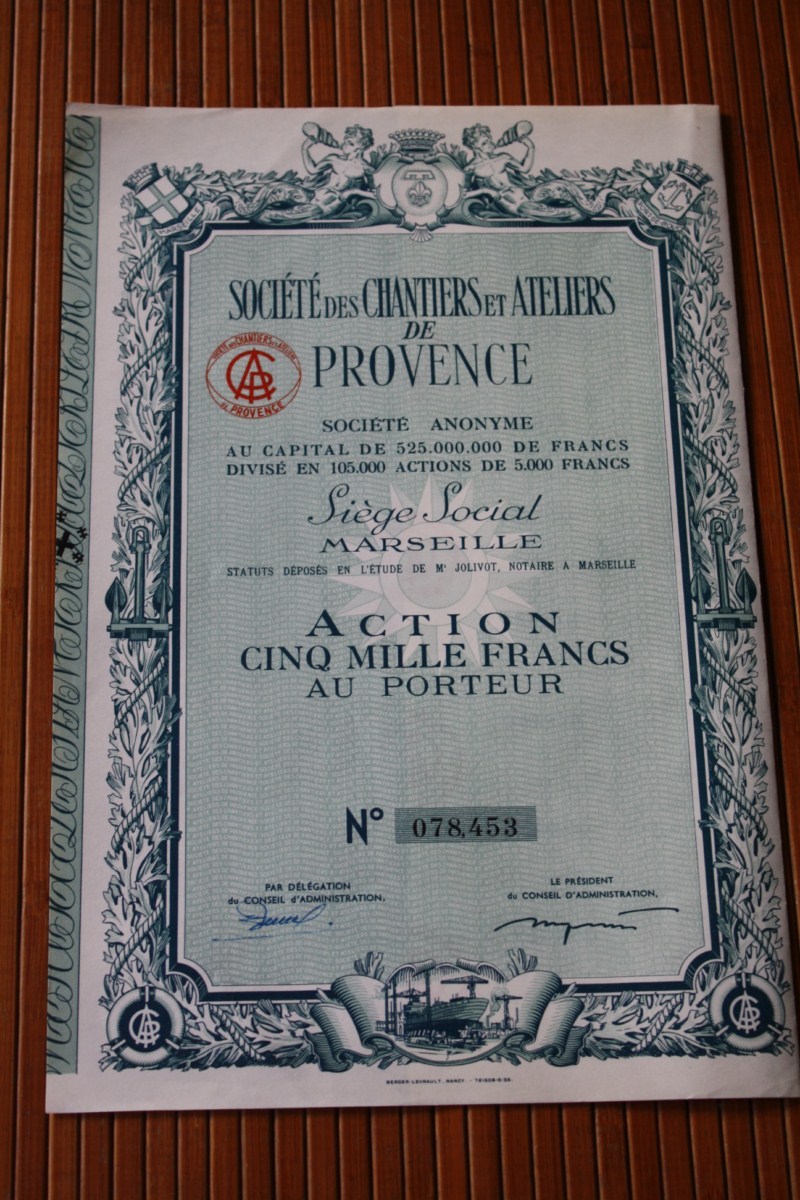 SOCIETE DES CHANTIERS ET ATELIERS DE PROVENCE  5000 FRANCS  SIEGE A MARSEILLE   FRANCE  ACTION  TITRE => SCRIPOPHILIE - Navigazione