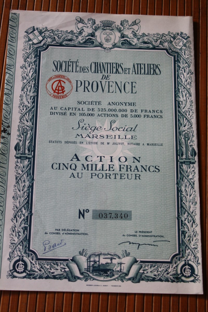 SOCIETE DES CHANTIERS ET ATELIERS DE PROVENCE  5000 FRANCS  SIEGE A MARSEILLE   FRANCE  ACTION  TITRE => SCRIPOPHILIE - Navigation