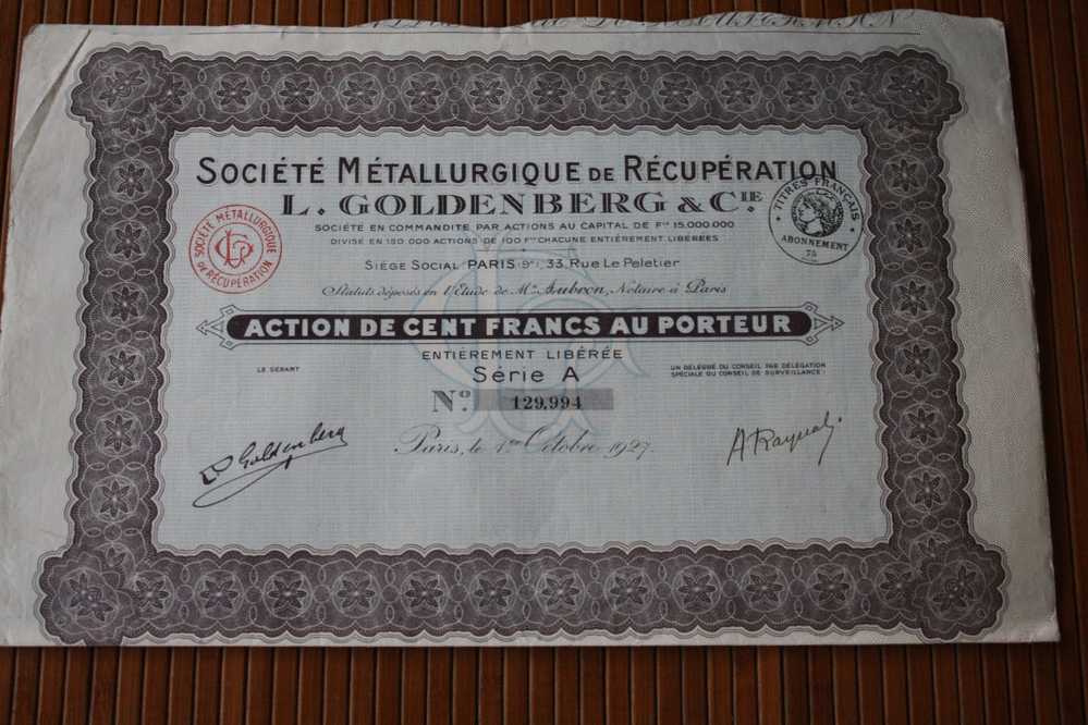 SOCIETE METALLURGIQUE DE RECUPERATION L. GOLDENGERG & CIE -  1927 SIEGE A PARIS  FRANCE  ACTION  TITRE => SCRIPOPHILIE - Industrie