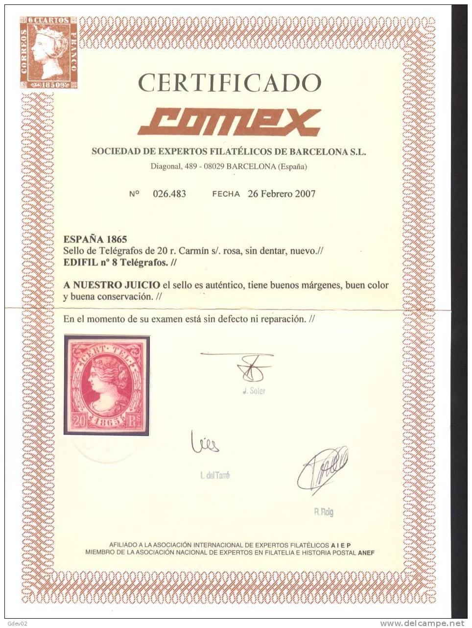 ESTGF8-3120TAN.España Spain Espagne ISABEL II TELEGRAFOS 1865 (Ed T8*) LUJO CERTIFICADO COMEX  . - Postfris – Scharnier