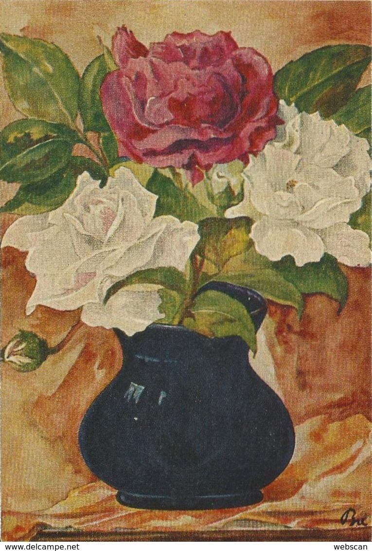 2 AKs Künstler "Bu" Blühender Apfelzweig + Rosen In Vase Farbfotos ~1945 # - Fiori