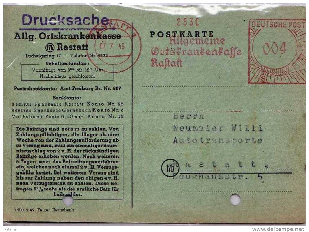 2563 Tarjeta Privada RASTATT 1949, (Alemania) Periódicos, Publicaciones - Lettres & Documents