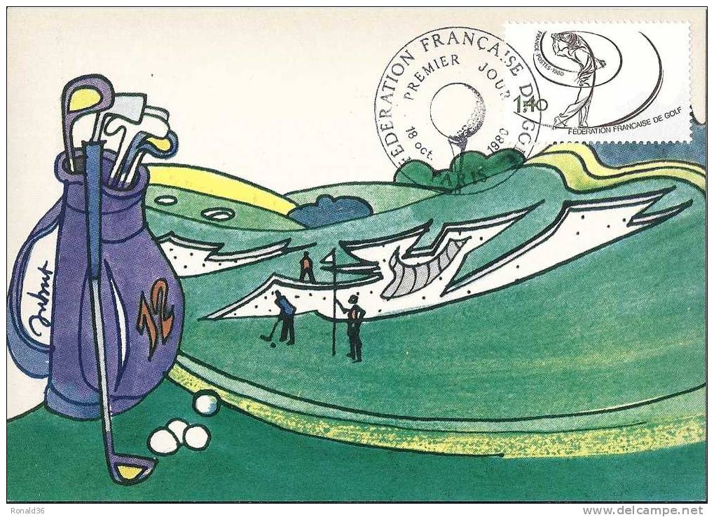 Carte Postale 1é Jour Fédération Francaise De Golf PARIS ( Illustrateur DUBOUT ) Illustré Terrain , Golfeurs , Drapeau - Golf