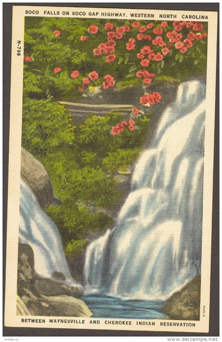 USA Postcard Soco Falls Cherokee Indian Reservation NC North Carolina ( Condition: Curved) - Asheville