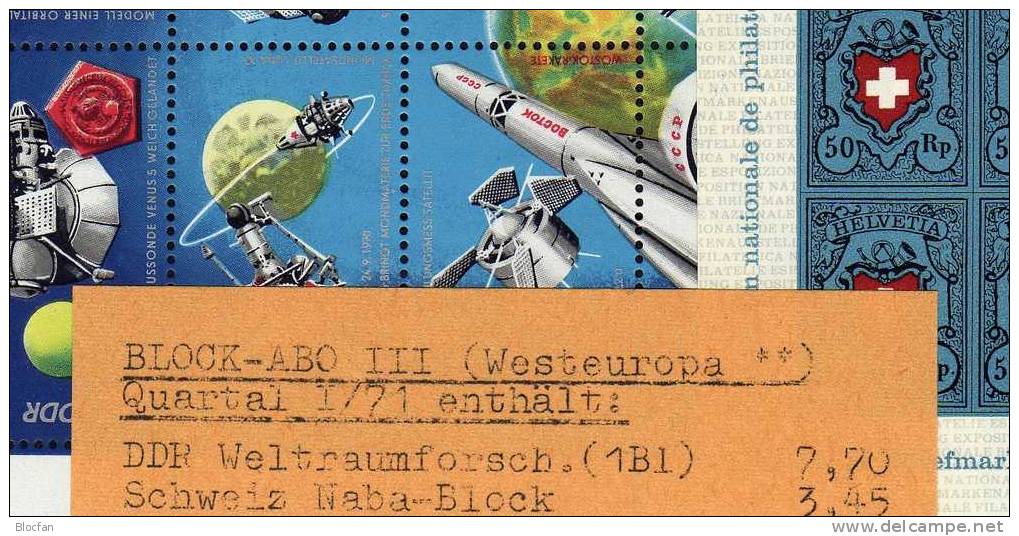 Block Abo Schweiz Block 21, DDR 1636/3 Kleinbogen ** 9€ NABA 1971 Schweizer Kreuz, SU Kosmos Venus Weltraumforschung - Blocks & Kleinbögen