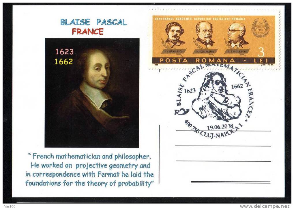 2008 Very Rare POSTCARD  BALAISE PASCAL FRENCH MATHEMATICIEN AND PHILOSOPHER. - Informatique