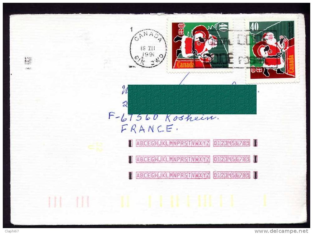 CANADA: Lettre Pour La France Du 16-10-91 Affranchie Avec 2 TP Père-noël - Covers & Documents