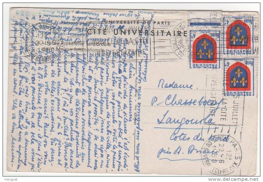 Timbre Yvert N° 838 X 3 / Carte De Paris Du 22/6/1950 , 2 Scans - Cartas & Documentos