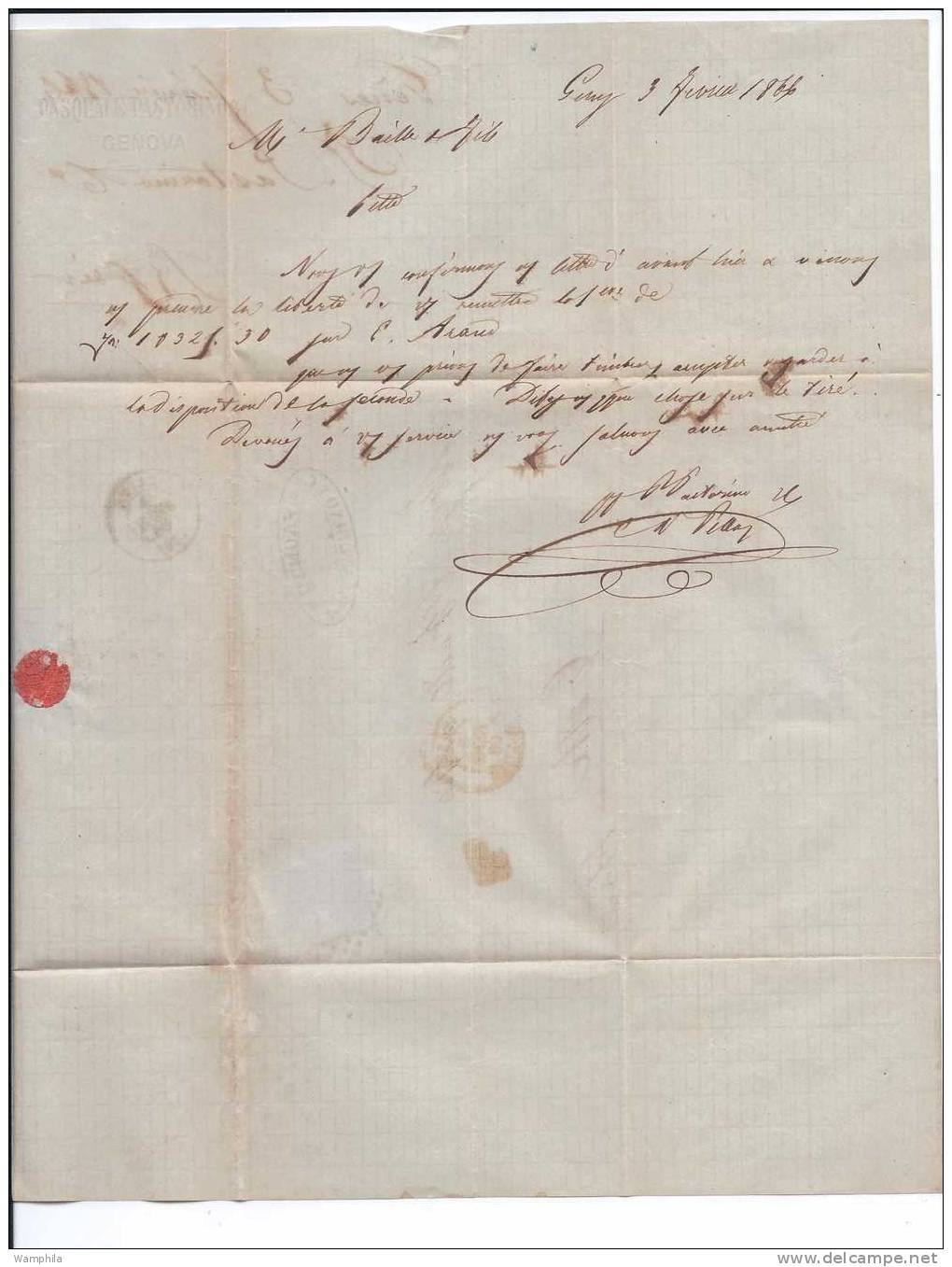 Lettre D' Italie De 1866 De Gênes,  YT N° 19 Oblitéré GC De Marseille à L'arrivée, Cote 600€ - 1849-1876: Periodo Classico