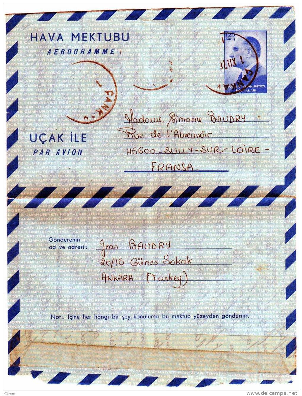 Turquie: 1978 Bel Entier Aérogramme Circulé Vers La France - Postal Stationery