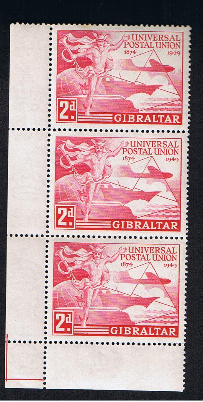 RB 632 - Gibraltar 1949 UPU 2d Corner Block Of 3 MNH Stamps S.G. 136 - Gibraltar