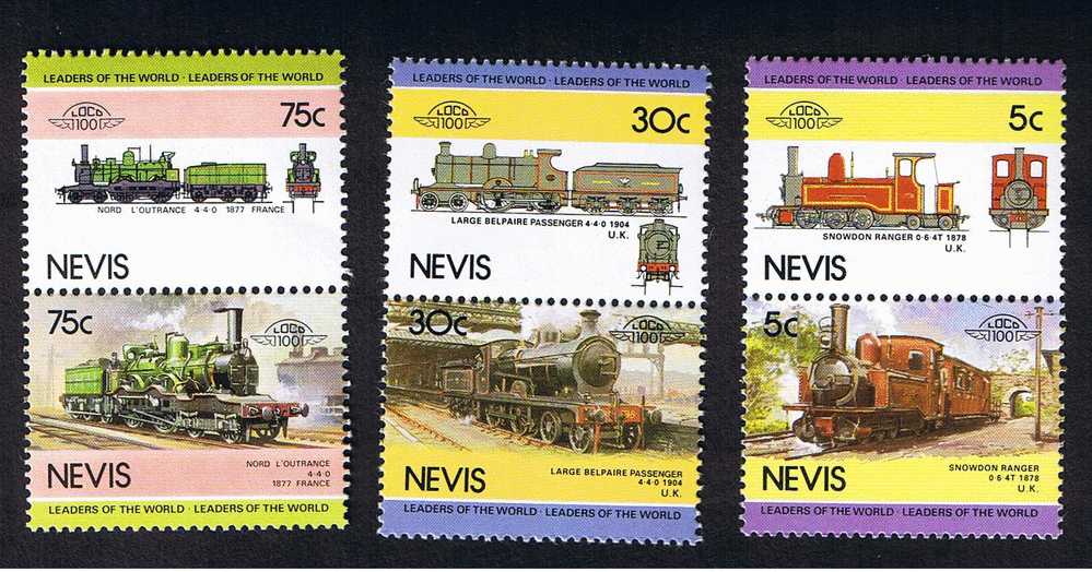 RB 632 - Nevis - Leaders Of The World Locomotives - 3 Pairs MNH Stamps - Railway Theme - St.Kitts And Nevis ( 1983-...)