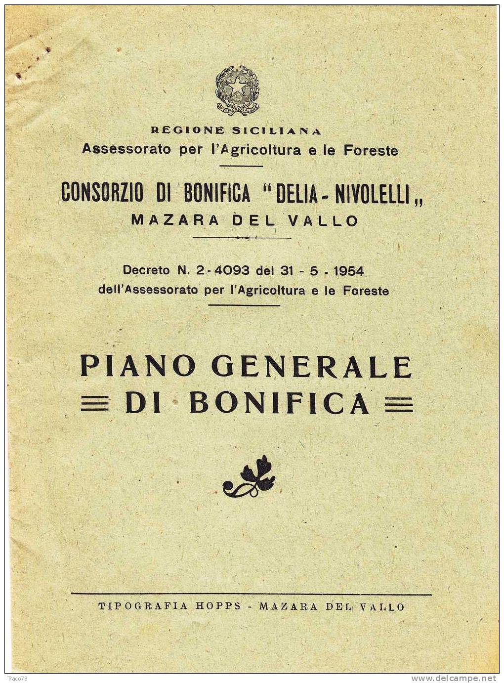 PALERMO 31 Maggio 1954  /  Consorzio Di Bonifica  " DELIA - NOVELLI "  Mazara Del Vallo - Piano Generale Di Bonifica - Altri & Non Classificati